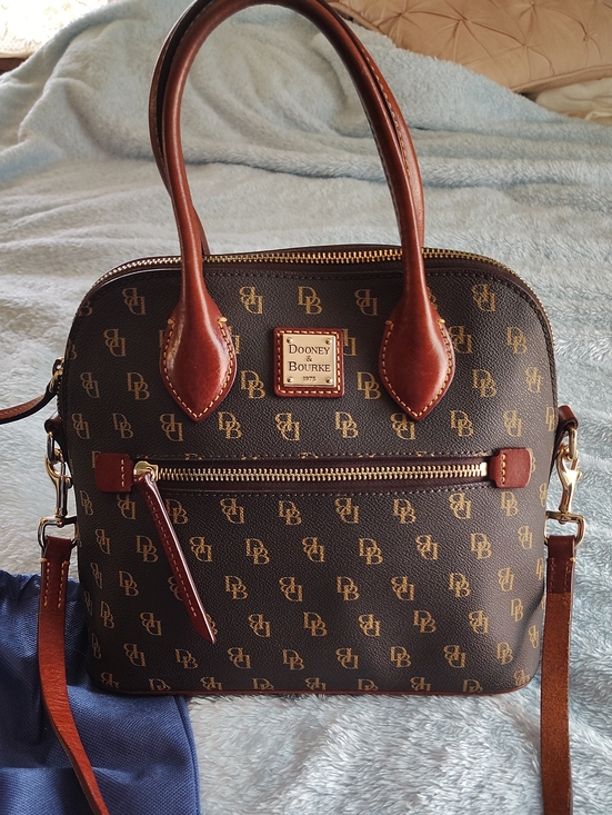 Dooney & Bourke Handbags - Dooney & Bourke Brown/Tan Logo Dome Satchel Medium